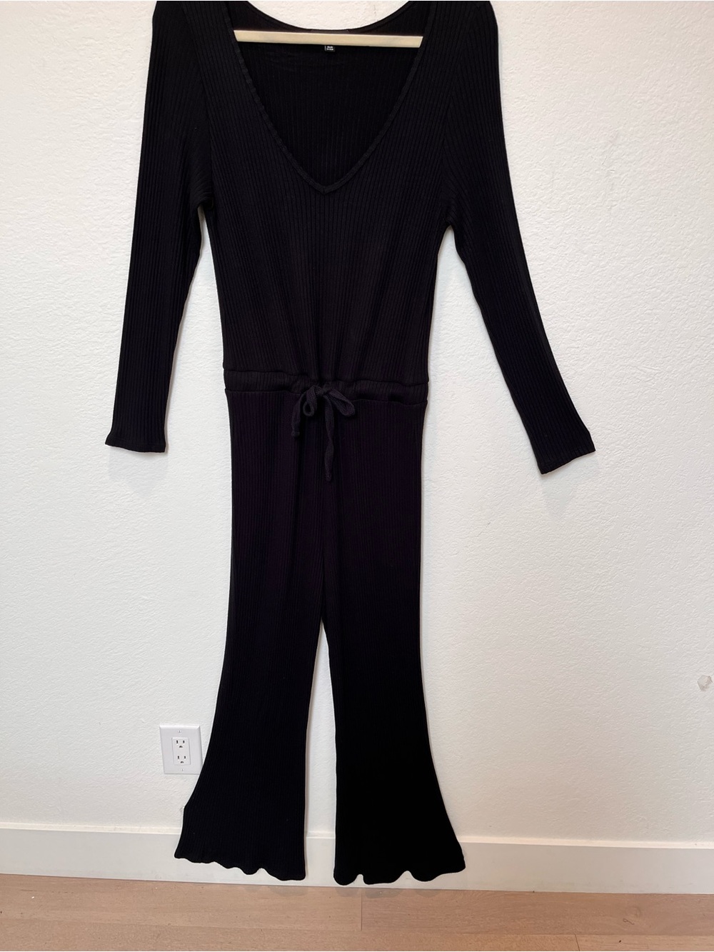Beyond Yoga Black Ribbed V-Neck Jumpsuit with Drawstring Waist